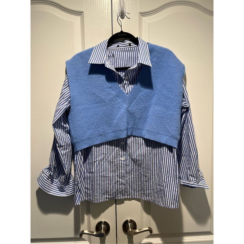combo shirt featuring a basic collar, long sleeves, and sweater vest size S - Picture 2 of 5